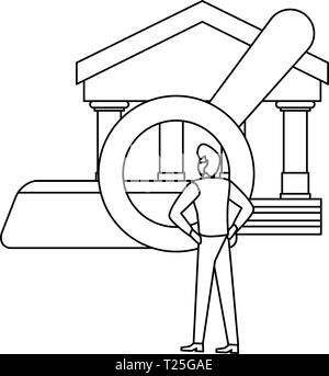 businessman with magnifier analysis bank vector illustration Stock Vector
