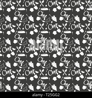 Seamless texture with of kitchen doodle sketch utensils hand-drawn with chalks on blackboard. Can be used for wallpaper, pattern fills, textile, web Stock Vector
