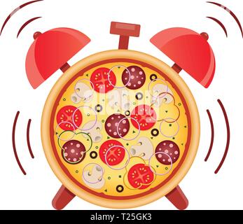 Pizza with mushrooms, salami, tomato and sausage. Pizza time. Snack time. Isolated vector illustration on white background. Stock Vector