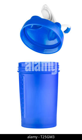 Blue shaker for sports nutrition with an open lid. Isolated on white background. Stock Photo