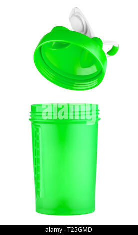 Green shaker for sports nutrition with an open lid. Isolated on white background. Stock Photo