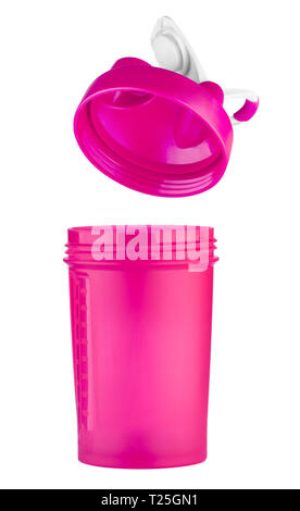 Pink shaker for sports nutrition with an open lid. Isolated on white background. Stock Photo
