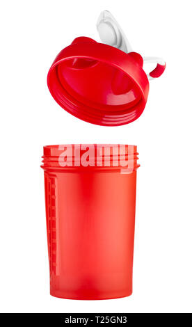Red shaker for sports nutrition with an open lid. Isolated on white background. Stock Photo