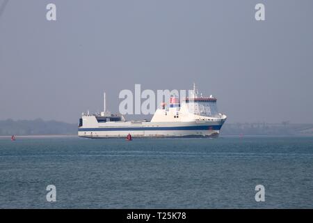 Cargo Ro Ro vessel the Somerset leaving Felixstowe for Rotterdam. Port of Felixstowe, Suffolk, UK. 29th March 2019. Stock Photo