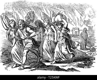 Vintage antique illustration and line drawing or engraving of biblical story about destruction of cities Sodom and Gomorrah. From Biblische Geschichte des alten und neuen Testaments, Germany 1859.Genesis 18-19. Stock Vector