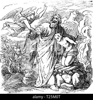 Vintage antique illustration and line drawing or engraving of biblical story about Abraham going to sacrifice his only son Isaac, but s stopped by Angel.From Biblische Geschichte des alten und neuen Testaments, Germany 1859. Genesis 22. Stock Vector