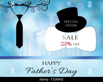Happy Fahters Day creative promotional concept. Festive style with ornament necktie silhouette, in the background bokeh, gift box. Special offer text  Stock Vector