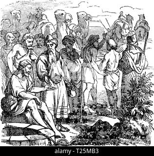 Vintage antique illustration and line drawing or engraving of biblical story about Joseph sold in to slavery by his brothers. From Biblische Geschichte des alten und neuen Testaments, Germany 1859. Genesis 37. Stock Vector