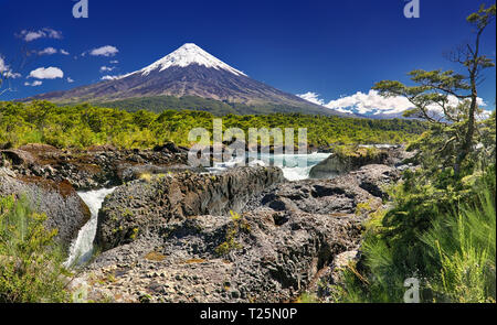 Petrohue Waterfalls in front of Volcano Osorno (Chile) 01 Stock Photo