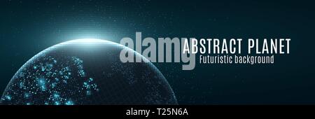 Abstract futuristic planet earth. Glowing map of square dots. Modern background. Space composition. Blue glow. Web banner. World map. Global network c Stock Vector