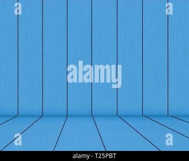 Blue wooden box interior design. Wall and floor from realistic wooden planks. 3D images vector. Stock Vector