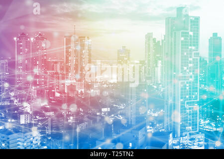 network illustration with city skyline - abstract technoloy concept background Stock Photo