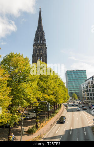 Street view and the famous St. Nicholas Church in the city of Hamburg. Germany Stock Photo