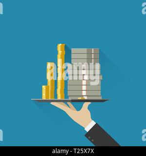 Hand holding tray with money Stock Vector