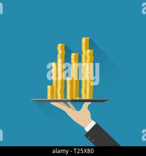 Business man holds a tray with coins Stock Vector