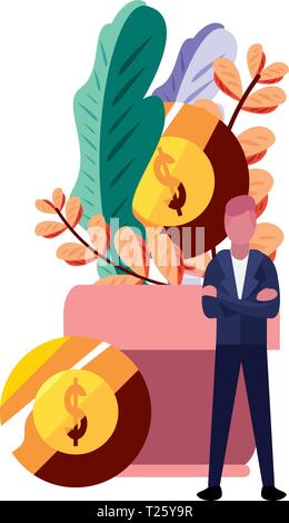 businessman plant coins money bank vector illustration vector illustration Stock Vector