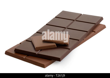 Two squares of milk chololate on top of dark chololate and milk chocolate bars. Isolated on white. Stock Photo
