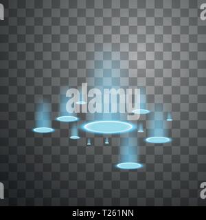 Vector light sources, backlights. Isolated on black transparent background. Vector illustration. Blue candles rays of a night scene with sparks on a Stock Vector