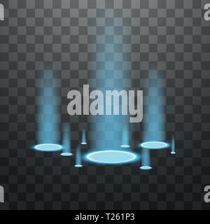 Vector light sources, backlights. Isolated on black transparent background. Vector illustration. Blue candles rays of a night scene with sparks on a Stock Vector