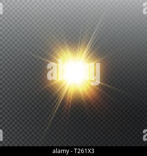 Bright shining sun Isolated on black background. Glow light effect. Vector illustration Stock Vector