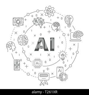 AI (Artificial Intelligence) infographic banner. Neural network, cybernetics, futuristic, robotics machine and deep learning. Editable Stroke. EPS 10 Stock Vector