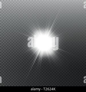 Bright shining sun Isolated on black background. Glow light effect. Vector illustration Stock Vector