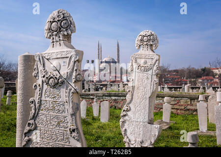 Ottoman gravestones and Selimiye Mosque at background in Edirne City of Turkey Stock Photo