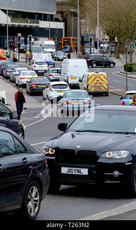 Cars cause Traffic congestion in Bristol city Center; raising concerns over polution from petrol and diesel cars.