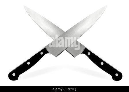 Fighting or cooking sign - two symmetric crossed knives isolated on a white background. Stock Photo
