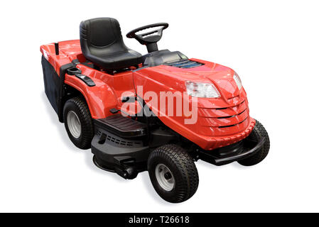 Gardening equipment - generic red tractor mower isolated on a white background. Stock Photo
