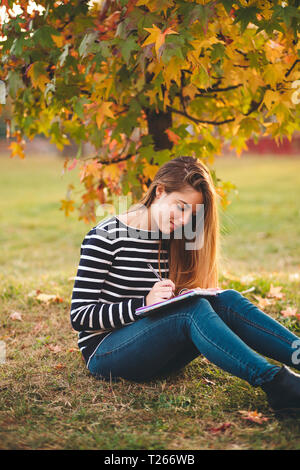 Young woman with notebook sitting on  meadow in a park in autumn taking notes Stock Photo