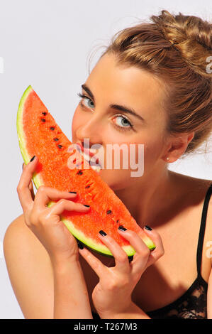 attractive, beauty, apetit, women mouth watermelon, food natural sweet fruit eating, consumption, one person, silhouette, Eating disorders Stock Photo