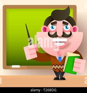 Teacher, Professor Standing In Front Of Blank School Blackboard Vector Illustration. School Teacher, Male Near Blackboard Stock Vector