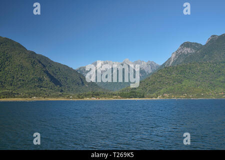 Sailing through the fjords near Hornopiren via the bi-modal ferry, Carretera Austral, Patagonia, Chile Stock Photo