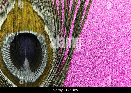 Abstract composition of golden peacock feather on ping shiny background with copy space Stock Photo