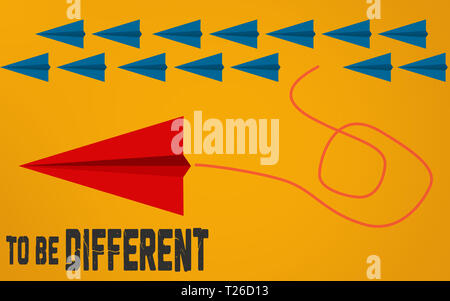 Red paper airplanes flying differently from other airplanes. Think differently concept, 3D rendering Stock Photo