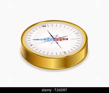 Vintage glossy golden compass in isometric view on white Stock Vector