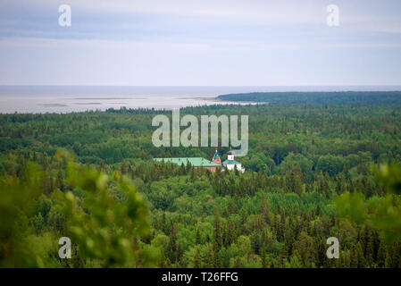 SOLOVKI, REPUBLIC OF KARELIA, RUSSIA - JUNE 27, 2018: View of the Holy Ascension monastery of the Solovki monastery, Savvatyevo from the top of the Se Stock Photo