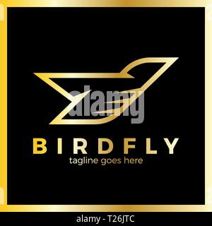 Phoenix Bird Logo. Line Fly bird logotype. Luxury, royal metal gold Stock Vector