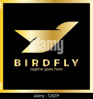 Phoenix Bird Logo. Line Fly bird logotype. Luxury, royal metal gold Stock Vector