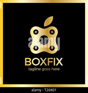 Eco Box Fix Logo. Repair center, Luxury, royal gold metal Stock Vector