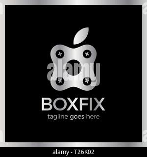 Eco Box Fix Logo. Repair center.  Luxury, royal silver metal Stock Vector