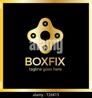 Eco Box Fix Logo. Repair center, Luxury, royal gold metal Stock Vector