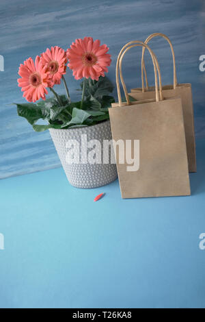 Coral gerbera daisy flowers and craft papper shopping bags on blue paper background. Springtime sale concept image with copy-space. Stock Photo