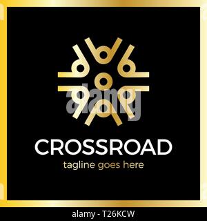 Crossroad Logo. Wheel, community, arrow. Luxury, royal metal gold Stock Vector