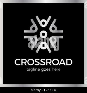 Crossroad Logo. Wheel, community, arrow. Luxury, royal metal silver Stock Vector