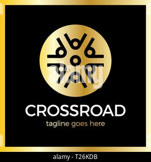 Crossroad Logo. Wheel, community, arrow. Luxury, royal metal gold Stock Vector
