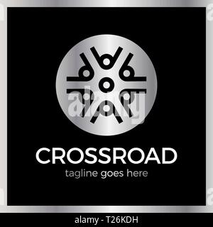 Crossroad Logo. Wheel, community, arrow. Luxury, royal metal silver Stock Vector