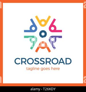 Crossroad Logo. Wheel, community, arrow. Colorful Stock Vector