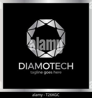 Diamond Line Connect Dots Tech Logo. Top view. Luxury, royal silver metal Stock Vector